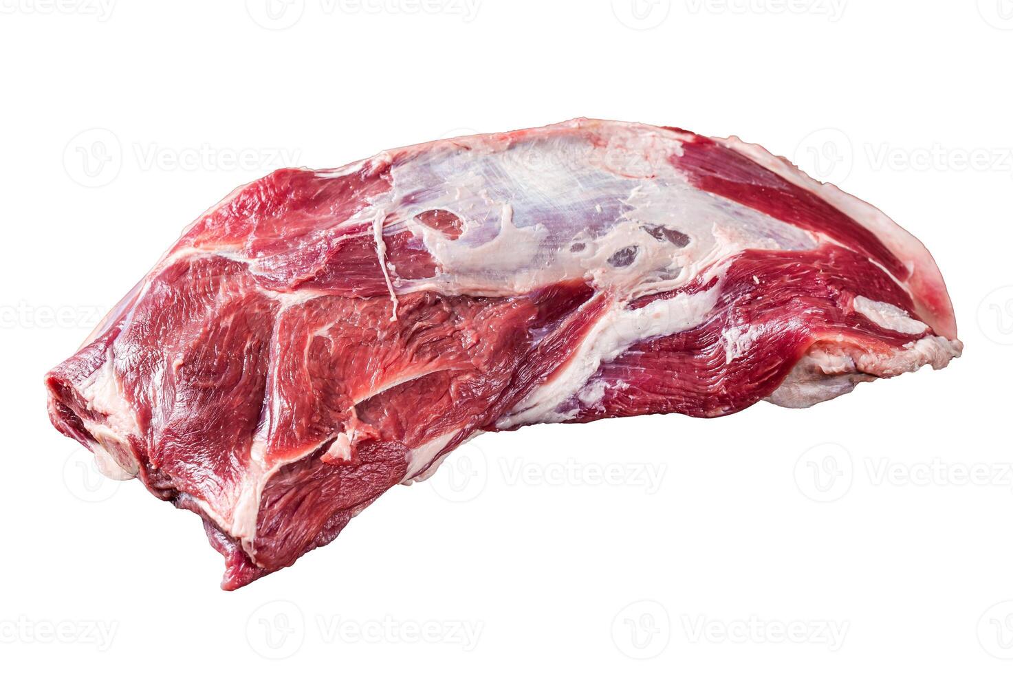 Raw lamb mutton shoulder meat on the bone. Isolated on white background. photo