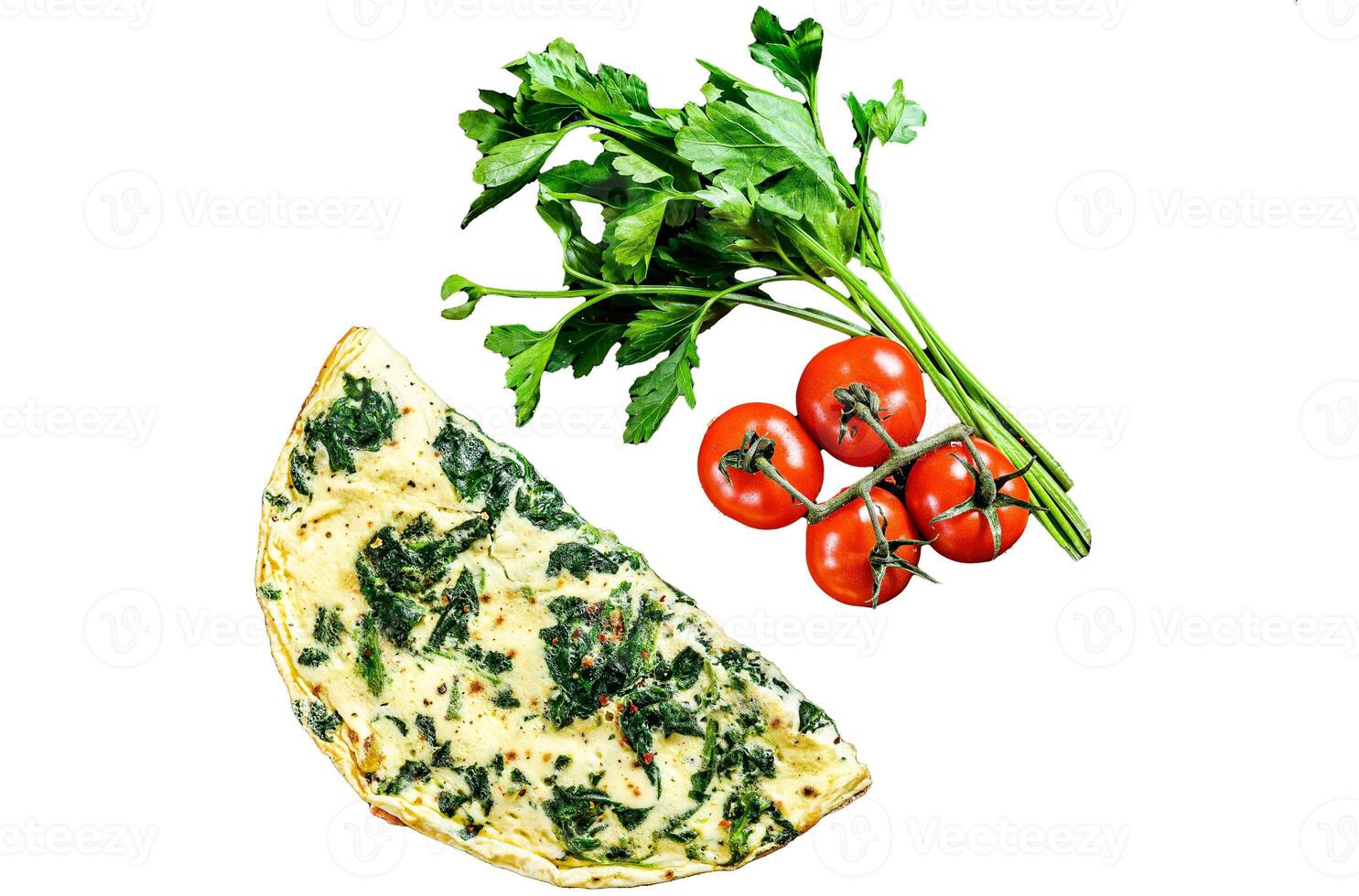 Egg omelet with spinach, Isolated on white background. Top view. photo
