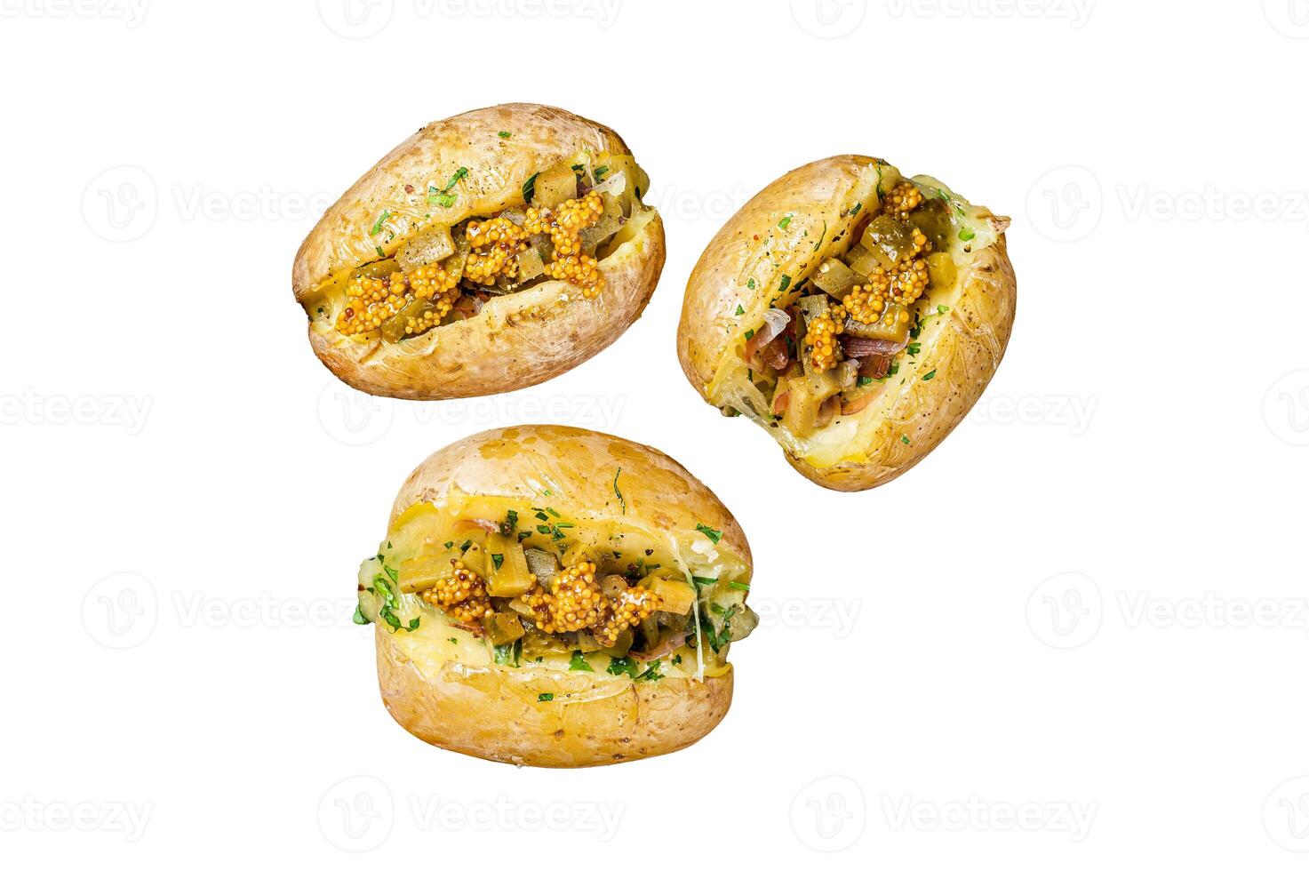 Turkish Kumpir, baked potatoes stuffed with cheese, bacon, salty cucumber, herbs and butter. Isolated, white background. photo