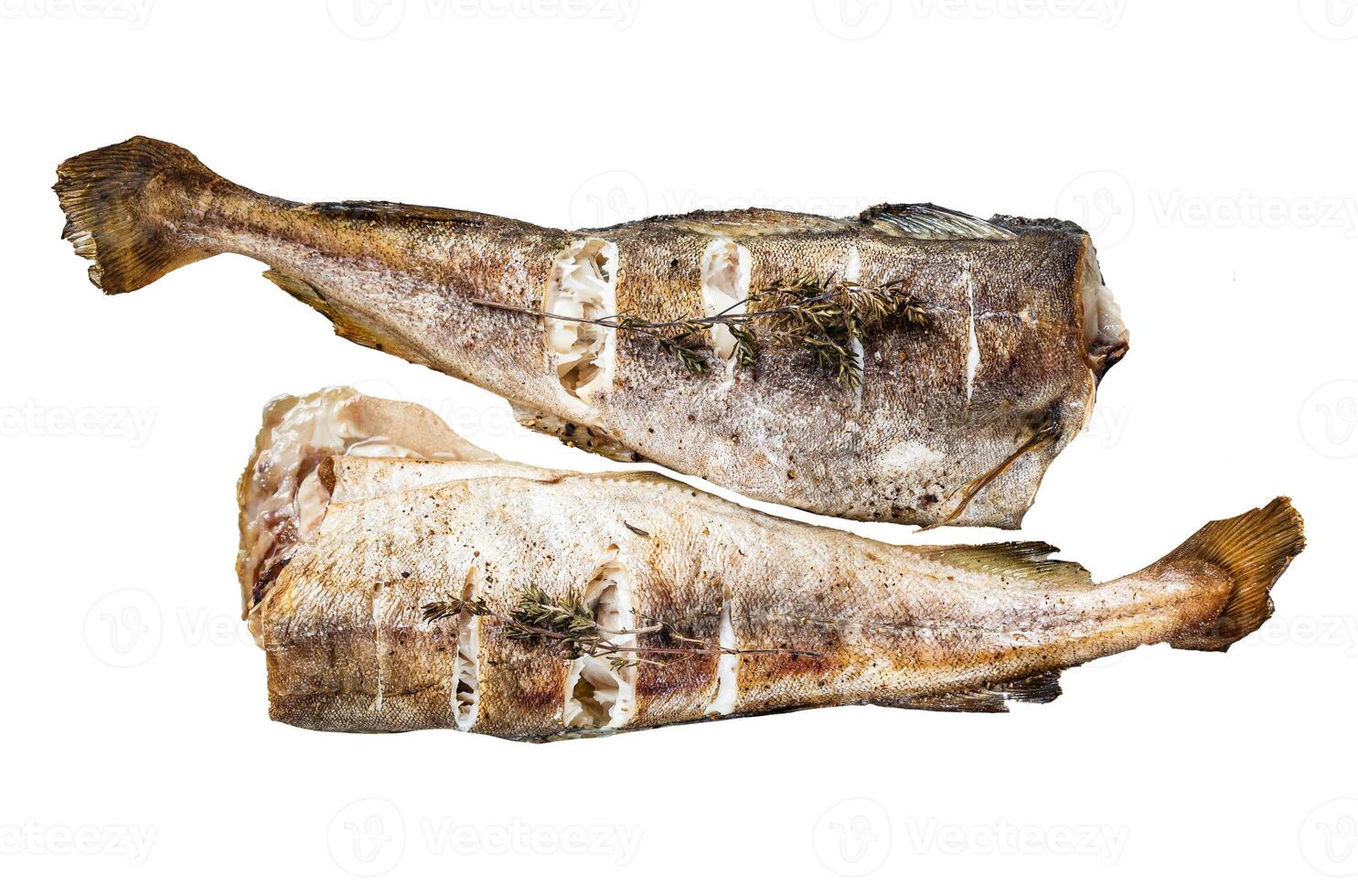 Fish dish - roasted cod fish with herbs in baking dish. Isolated, white background. photo