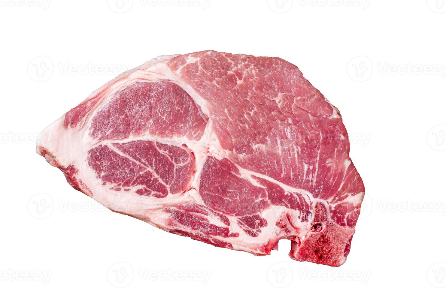 Pork neck steak from raw meat on marble board with herbs. Isolated on white background. photo
