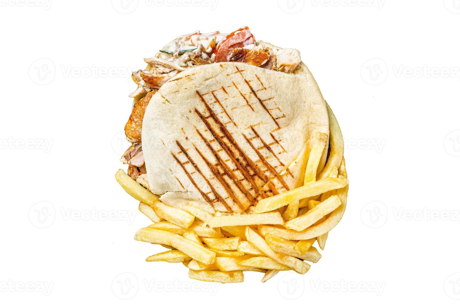 Doner kebab sandwich in grilled pita bread with vegetables and chicken meat. Isolated, white background. photo