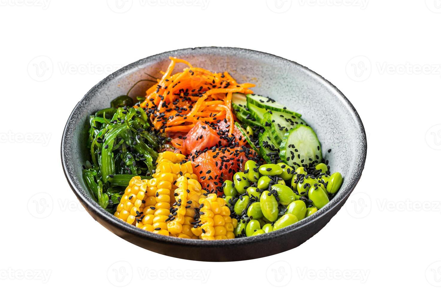 Poke bowl with fresh Salmon fish, rice, seaweed, edamame, cucumber and black sesame. Isolated, white background. photo