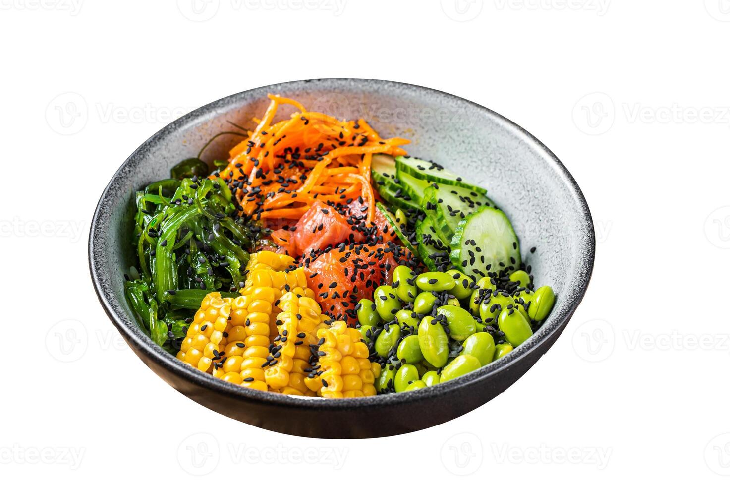 Poke bowl with fresh Salmon fish, rice, seaweed, edamame, cucumber and black sesame. Isolated on white background. Top view. photo
