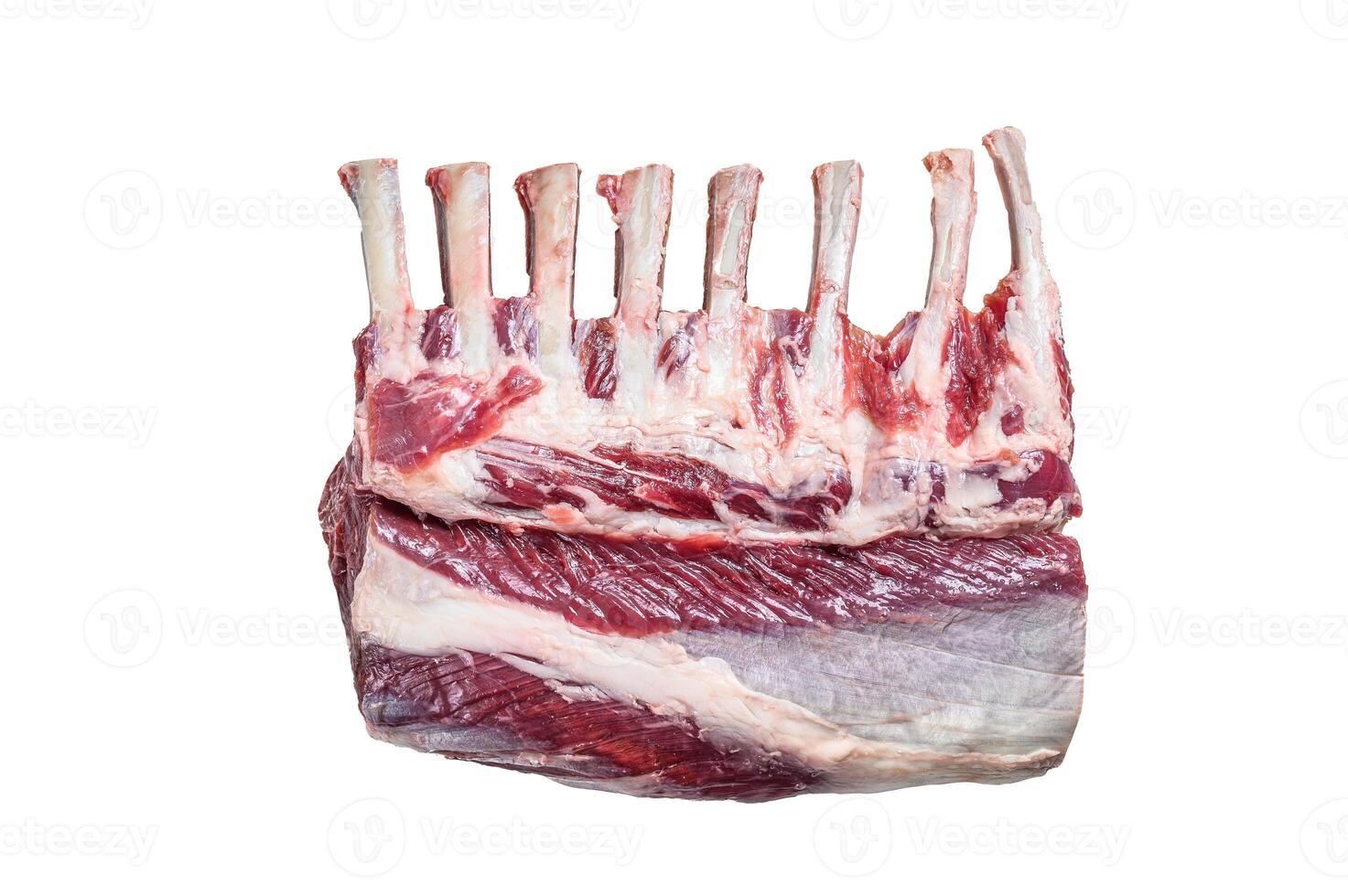 Raw fresh rack of lamb meat. Isolated on white background. photo