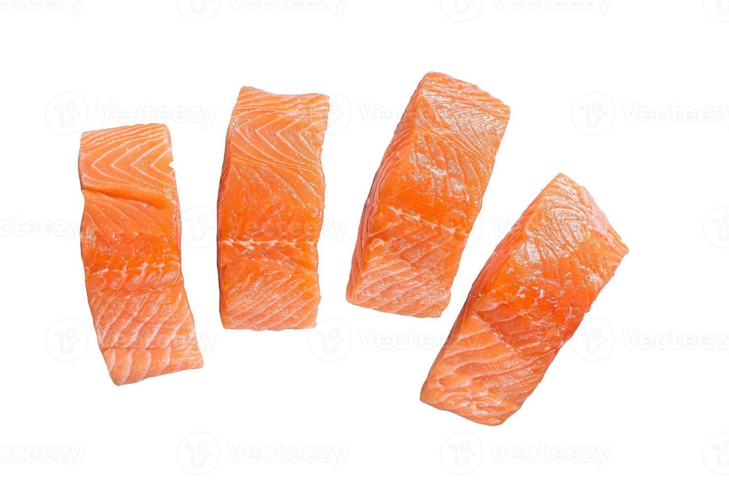 Raw salmon fillet steak on kitchen table. Isolated on white background. photo