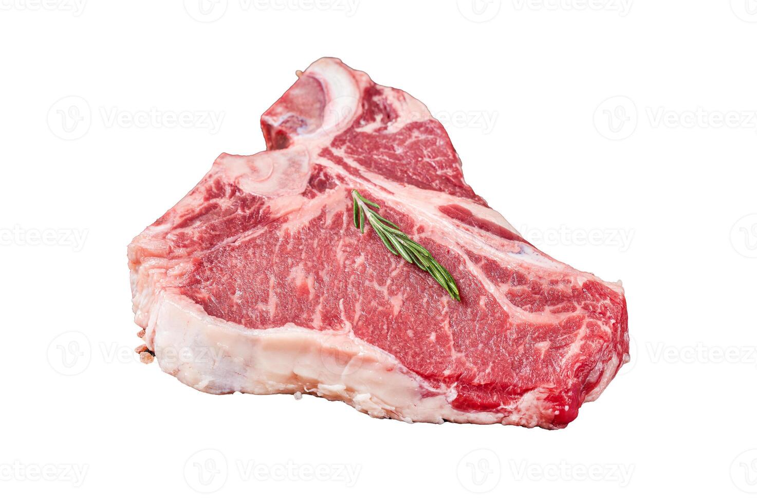 Raw T bone beef meat steak, porterhouse steak on butcher table with rosemary. Isolated, white background. photo