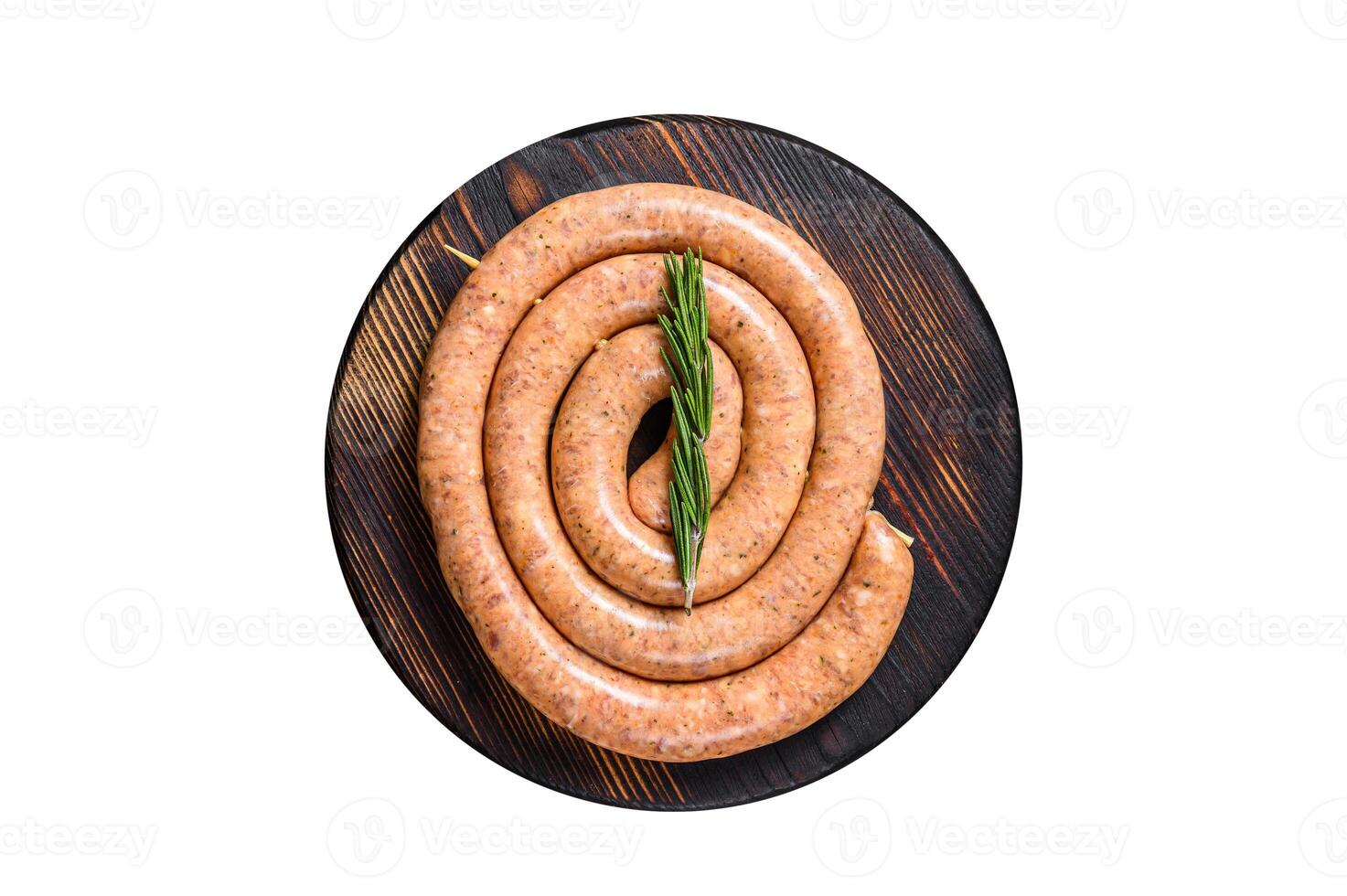 Raw spiral barbecue sausage from pork and beef ground meat. Isolated, white background. photo