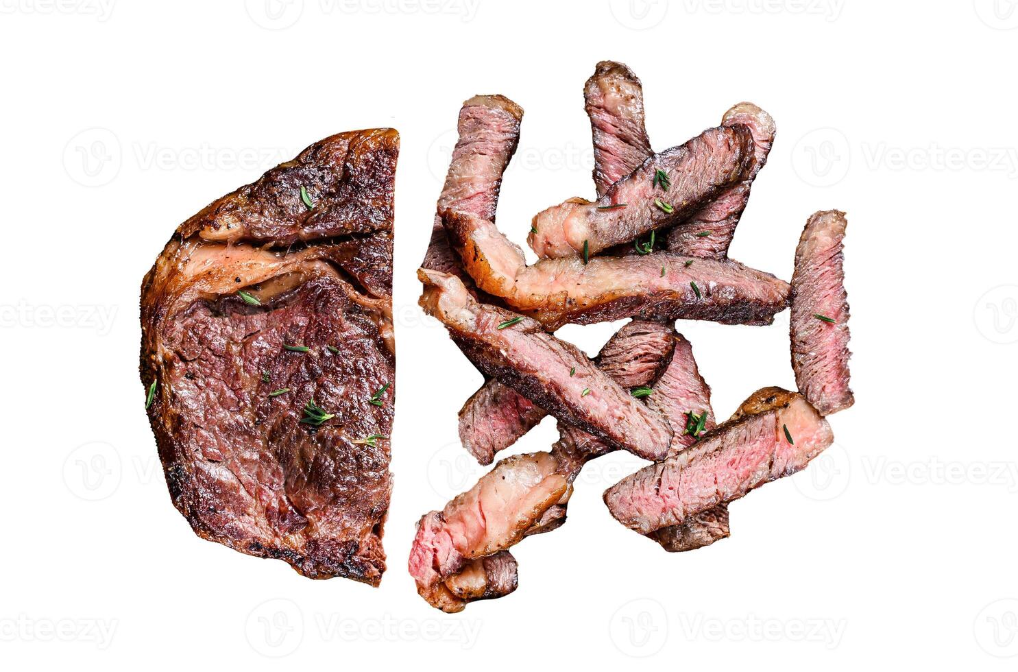 Grilled sliced rib eye or ribeye beef meat steak Isolated on white background, top view. photo
