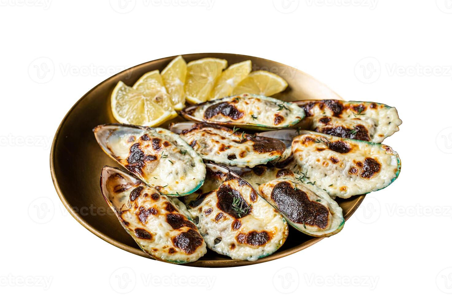 Baked large mussels with cheese, cilantro and lemon in shells. Isolated on white background. photo