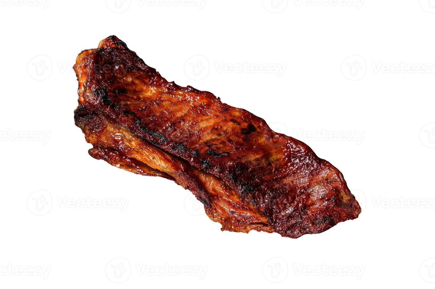 Sliced Grilled veal short spare rib meat with butcher knife. Isolated on white background. photo