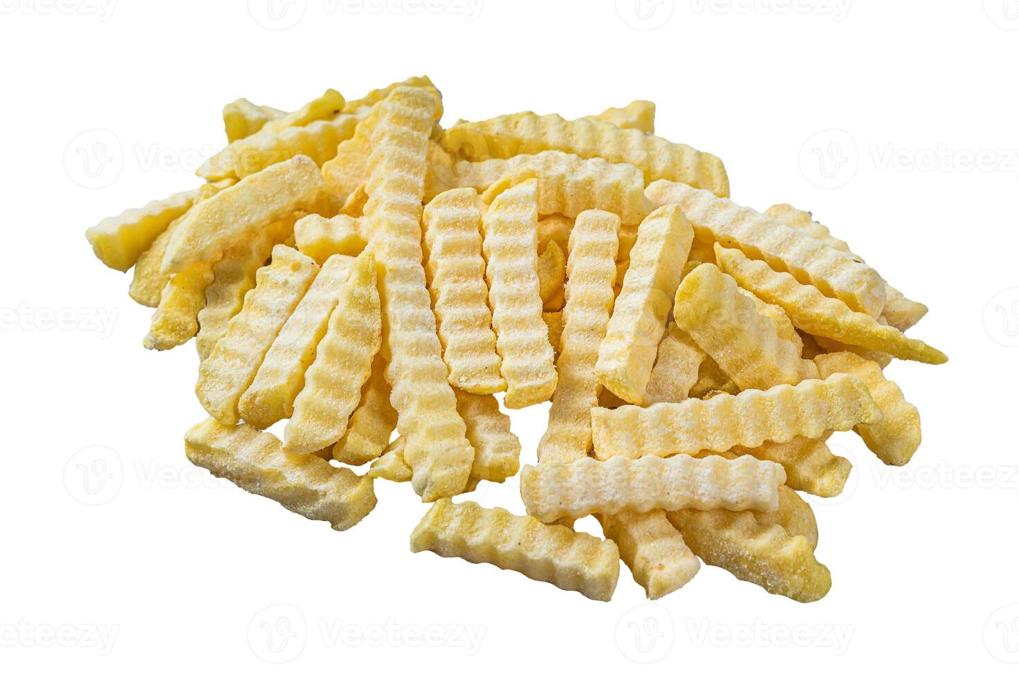 Frozen Crinkle French fries potatoes sticks. Isolated on white background. photo