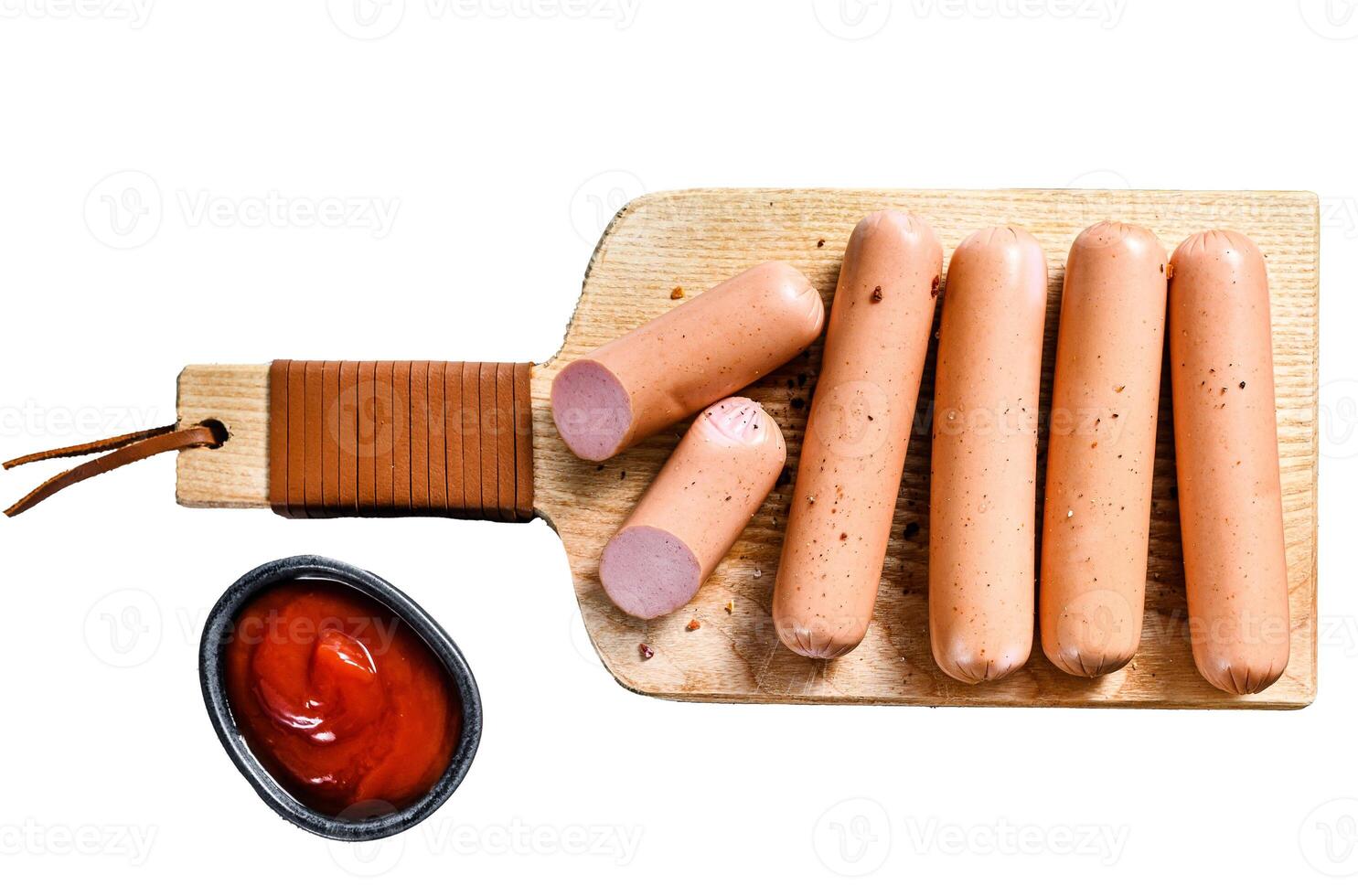 Classic chicken sausages on a cutting Board with rosemary and spices. Isolated on white background. Top view. photo