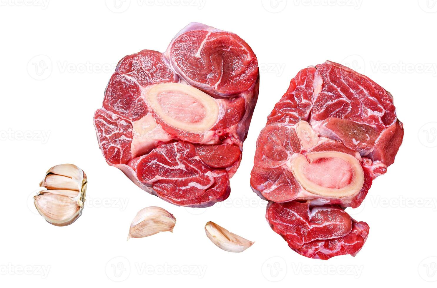 Raw meat osso buco veal shank steak , making italian ossobuco. Isolated on white background, top view. photo
