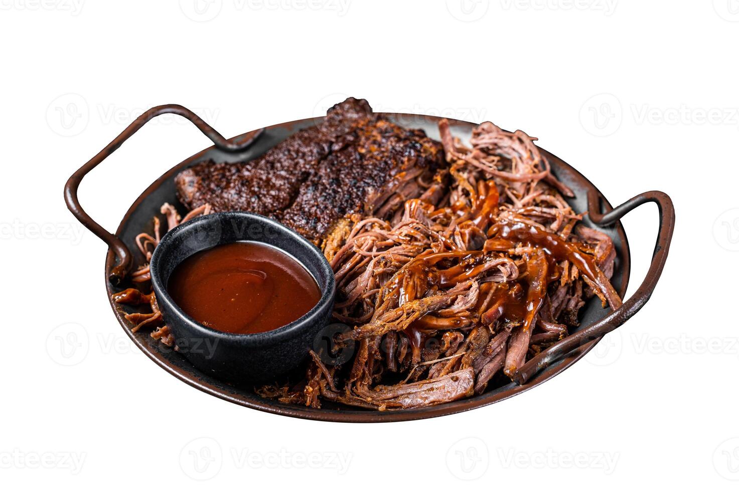 Slow Cooked Pulled Beef, Traditional meat rubbed with spices and smoked in a Texas smoker. Isolated on white background. Top view. photo