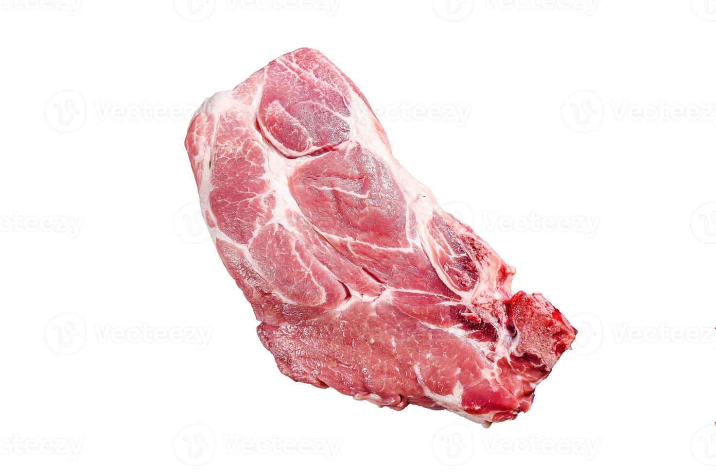 Fresh pork meat, marble steak. Isolated on white background. Top view. photo