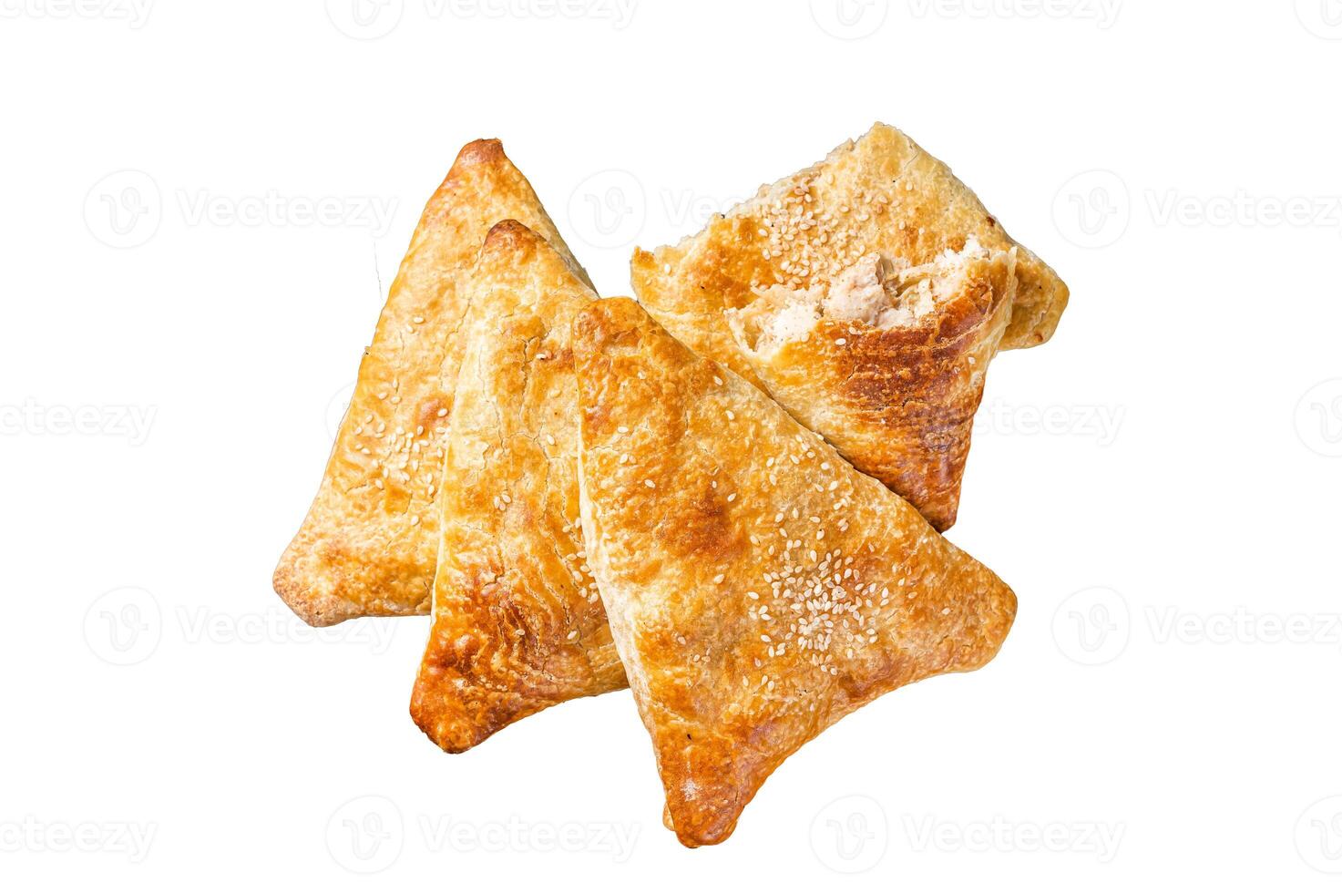 Baked samosa with chicken and cheese, samsa pies. Isolated, white background. photo