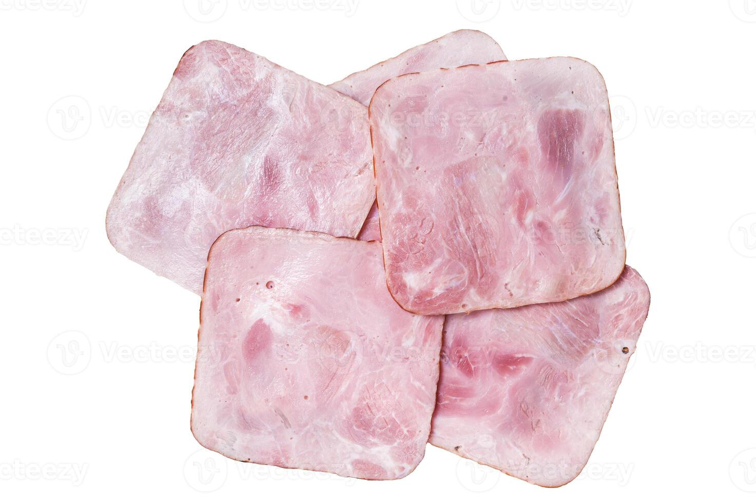 Square Slices of pork ham on wooden table. Isolated, white background. photo