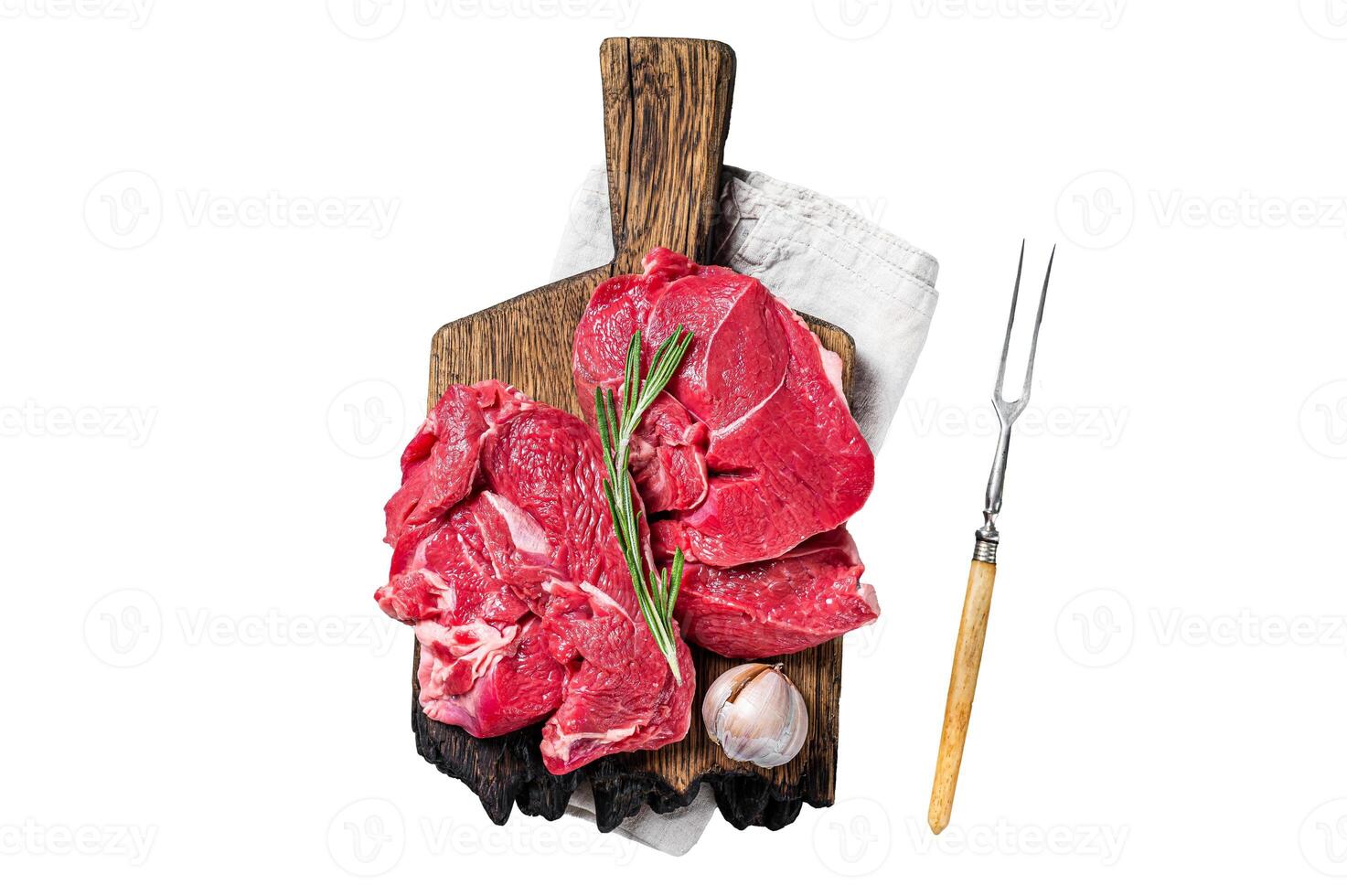 Uncooked Raw Lamb chop leg steaks on cutting board. Isolated, white background. photo
