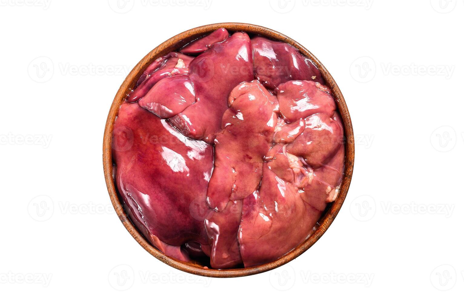 Raw fresh turkey liver in a bowl. Isolated on white background. photo