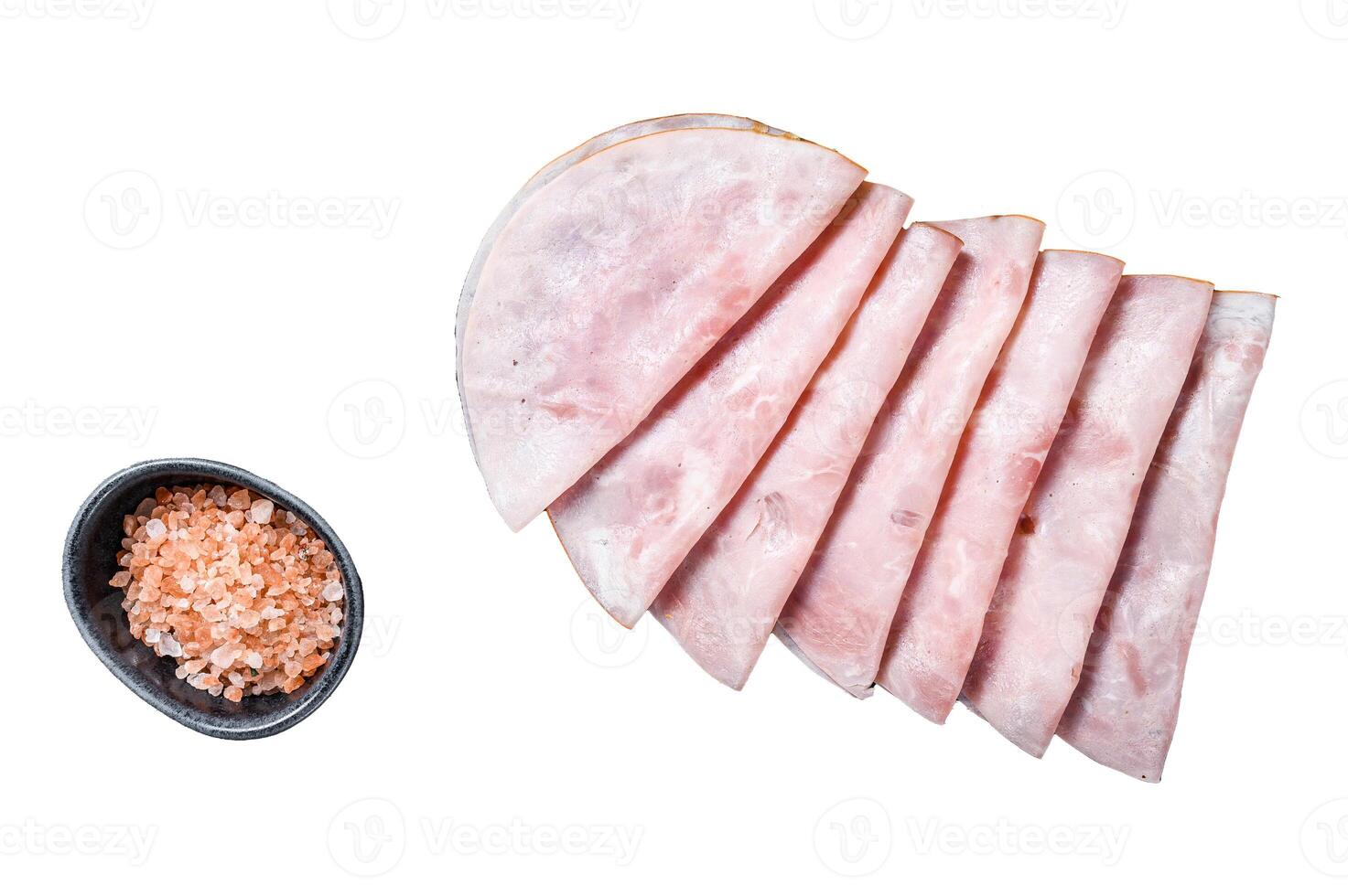 Sliced prosciutto ham Isolated on white background, top view. photo