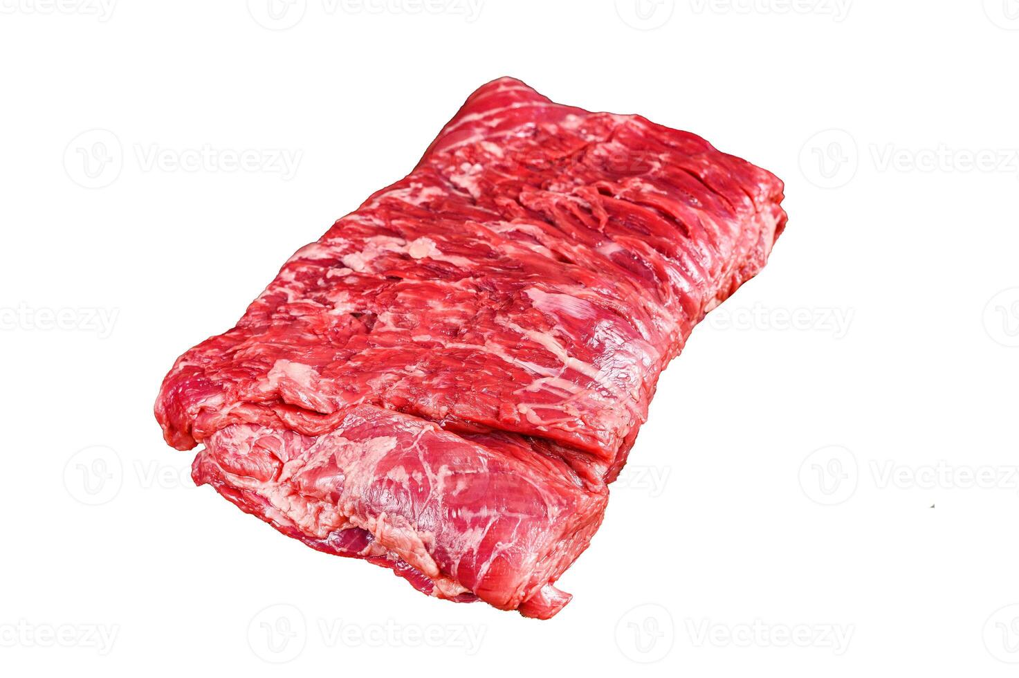 Big piece of raw beef brisket cut meat with herbs and butcher cleaver. Isolated on white background. photo