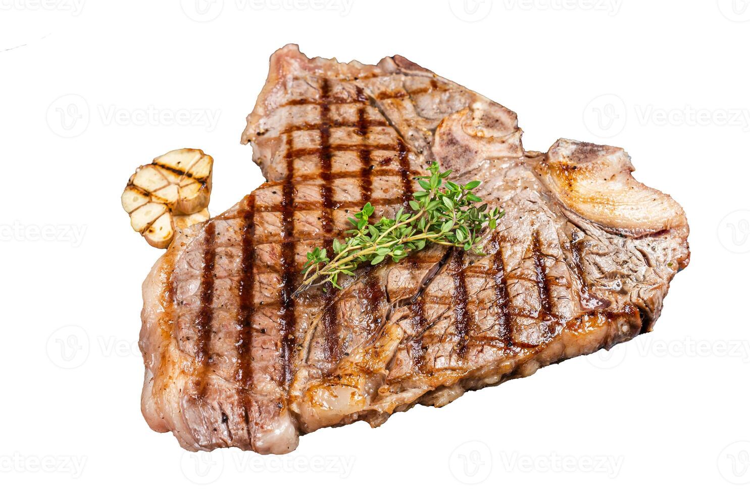 Grilled T-bone or Porterhouse beef meat Steak on a rack. Isolated, white background. photo