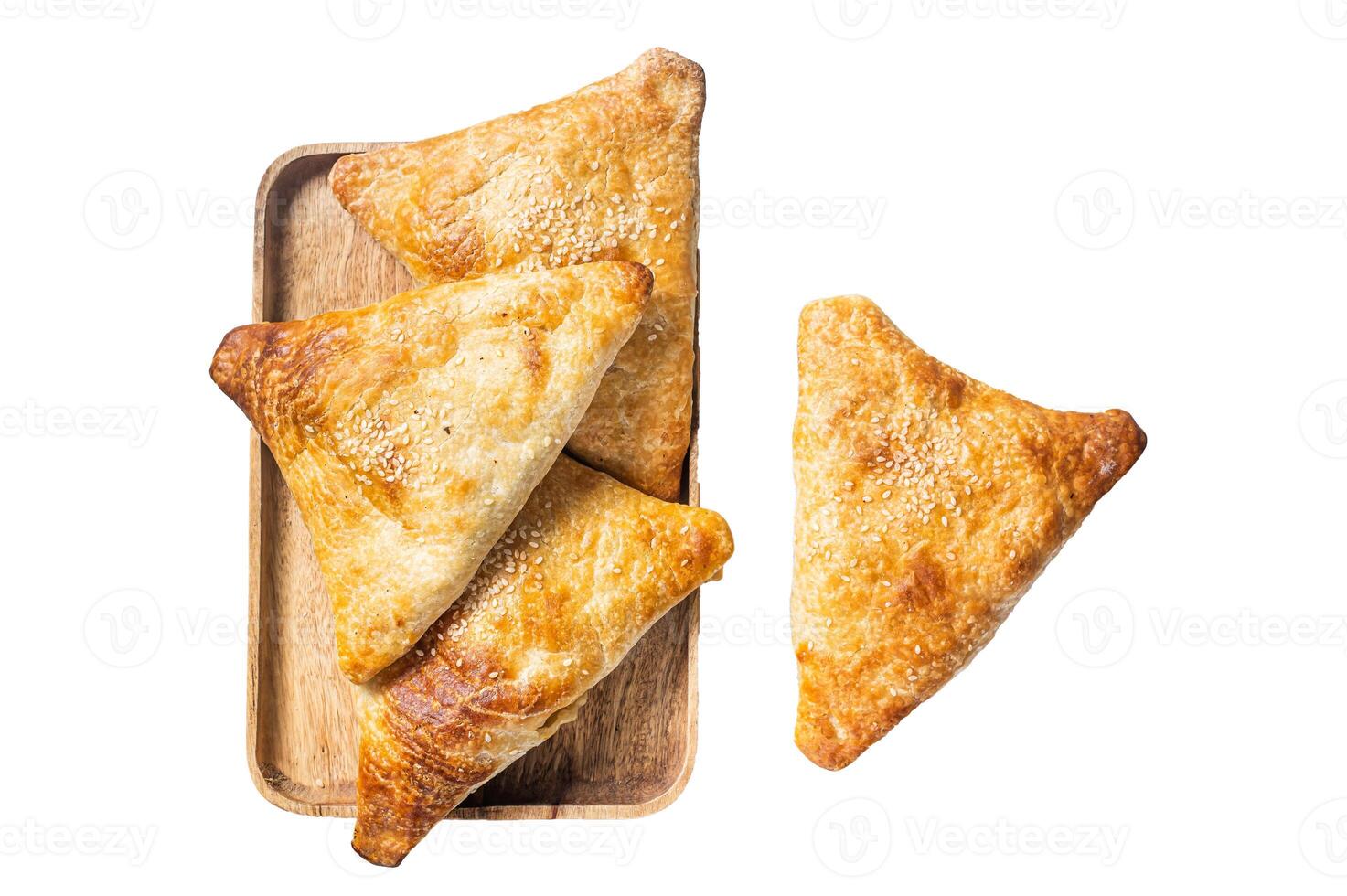 Samosa, samsa meat stuffed oriental pies. Isolated, white background. photo