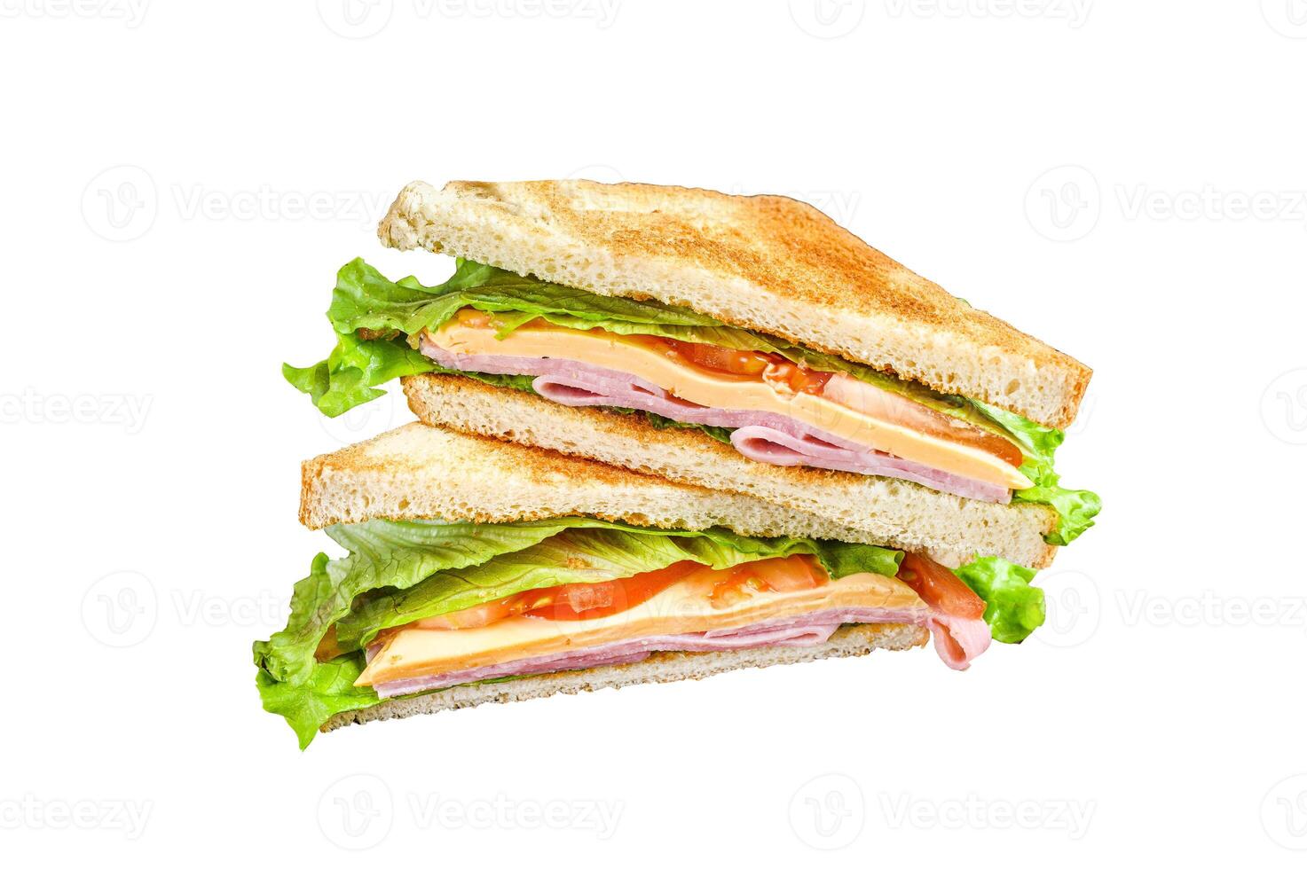 Turkey Ham Club sandwiches with cheese, tomatoes and lettuce on a wooden cutting board. Isolated on white background. photo