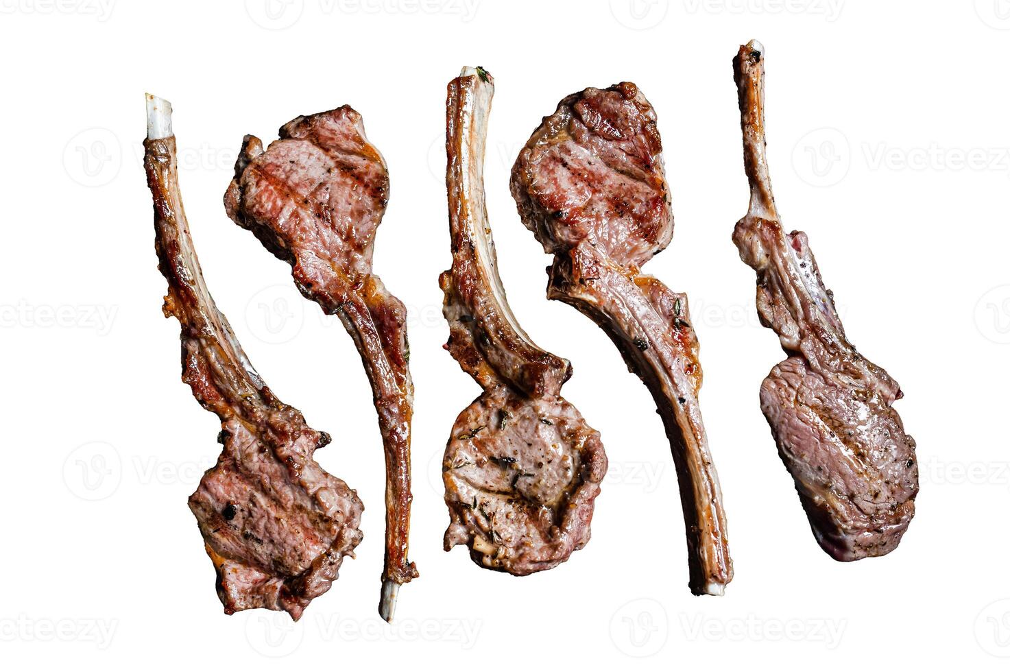 Grilled lamb mutton chop steaks Isolated on white background, top view. photo