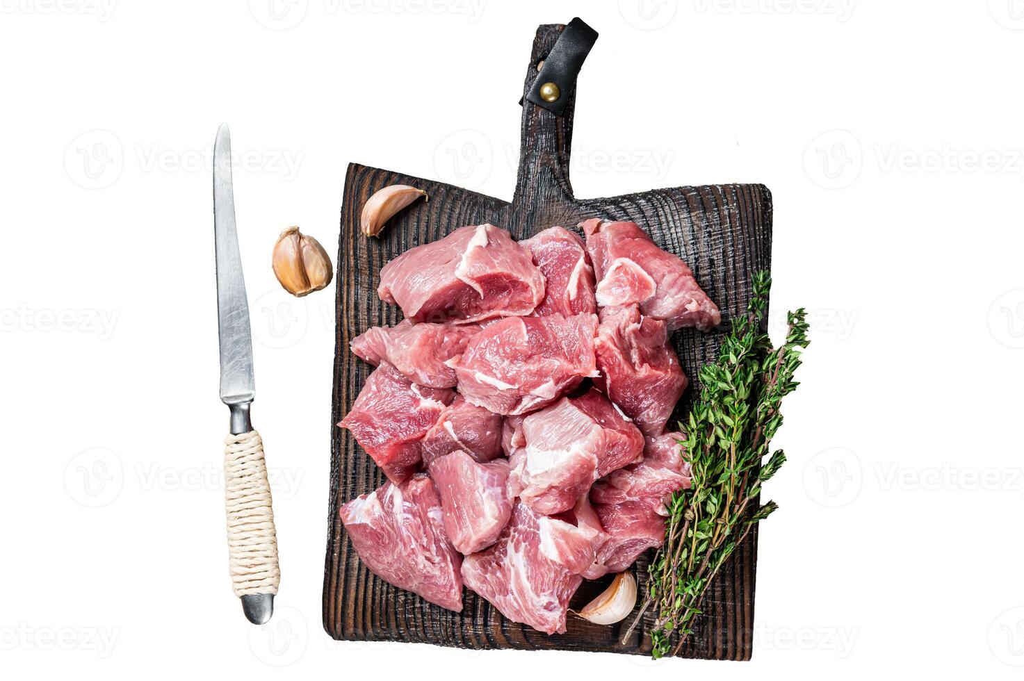 Fresh Raw Diced pork cubs meat with spices Isolated on white background, top view. photo