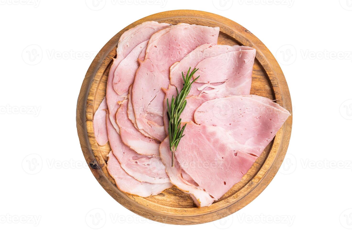 Prosciutto Cotto, Sliced Pork Ham on wooden board isolated on white background. top view photo