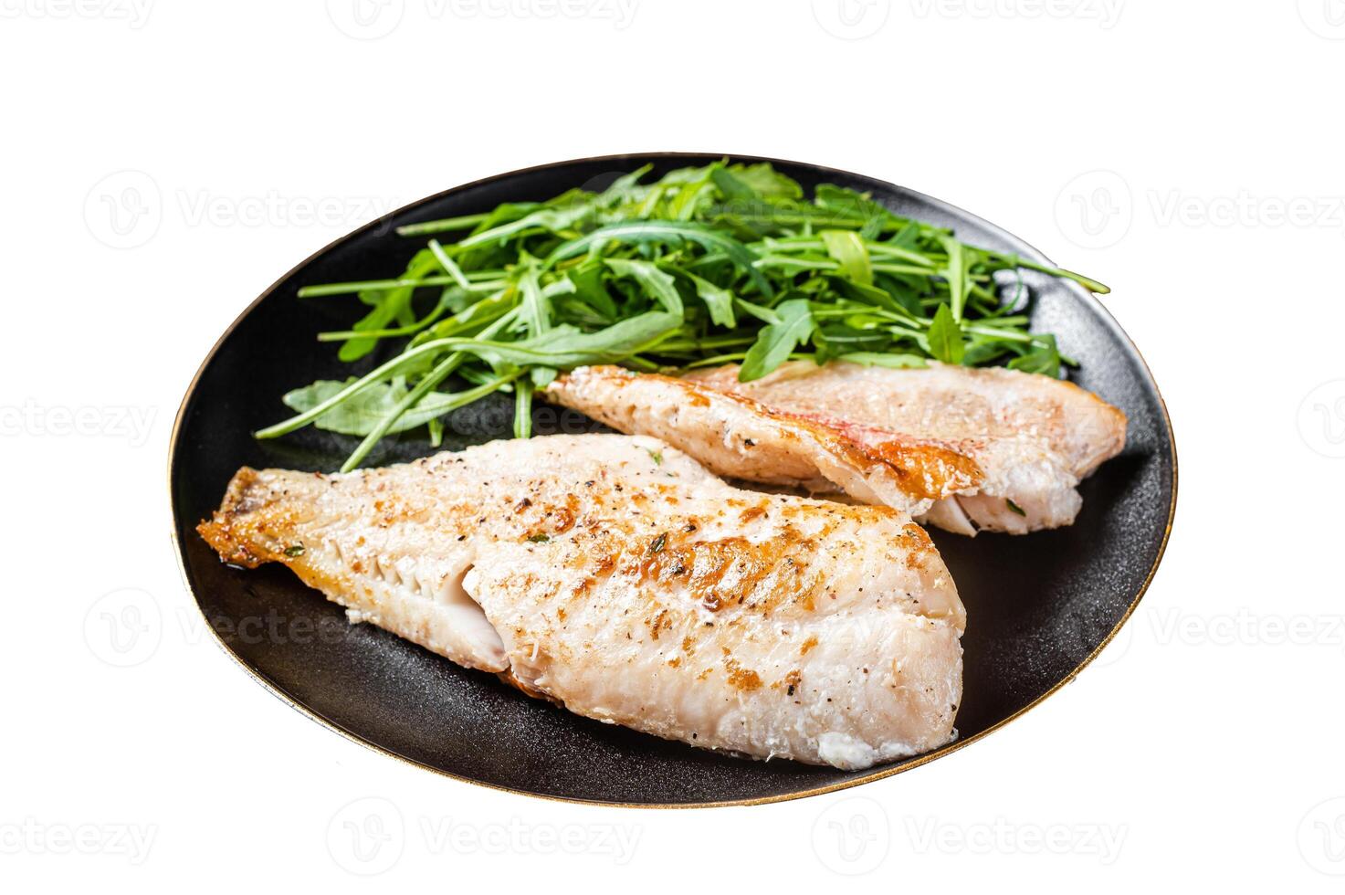 Roasted Snapper, sea red perch fillet on a plate with salad. Isolated on white background. Top view. photo