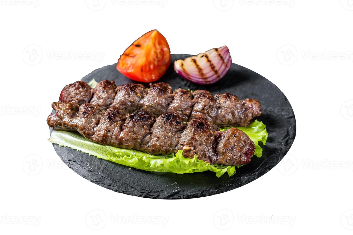 Grilled Urfa kebab with tomato, salad and onion. Isolated on white background. Top view. photo