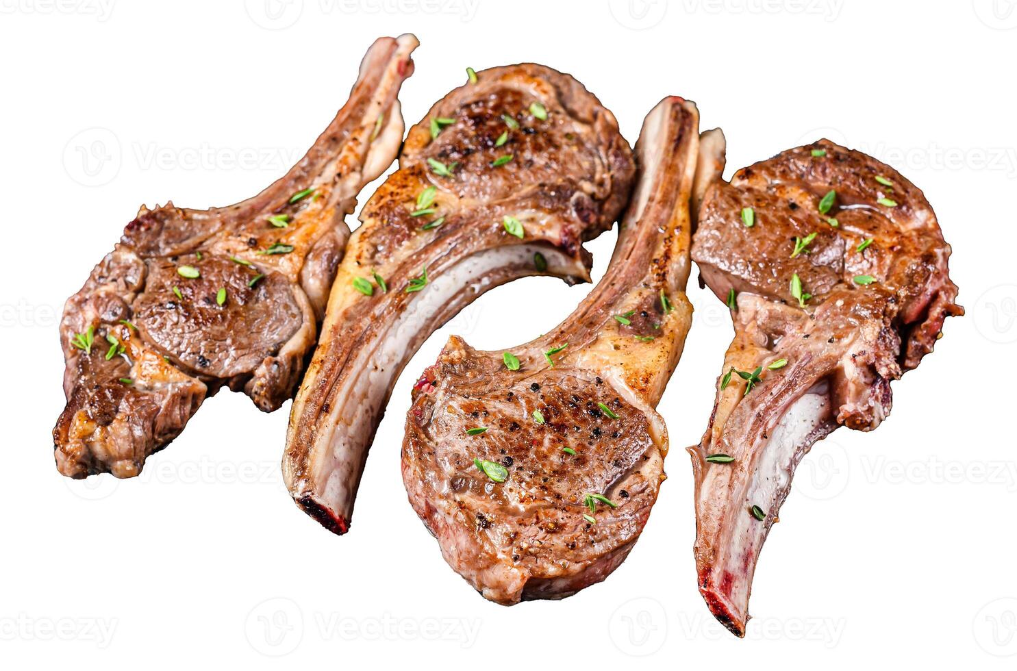 Barbecue fried lamb meat chops Isolated on white background, top view. photo