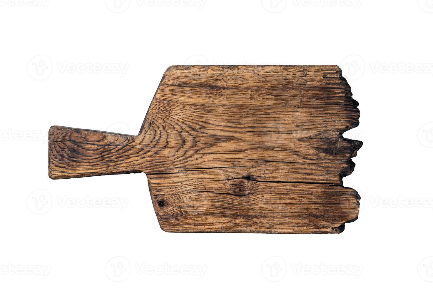 Cooking background with old empty cutting board. Isolated, white background. photo