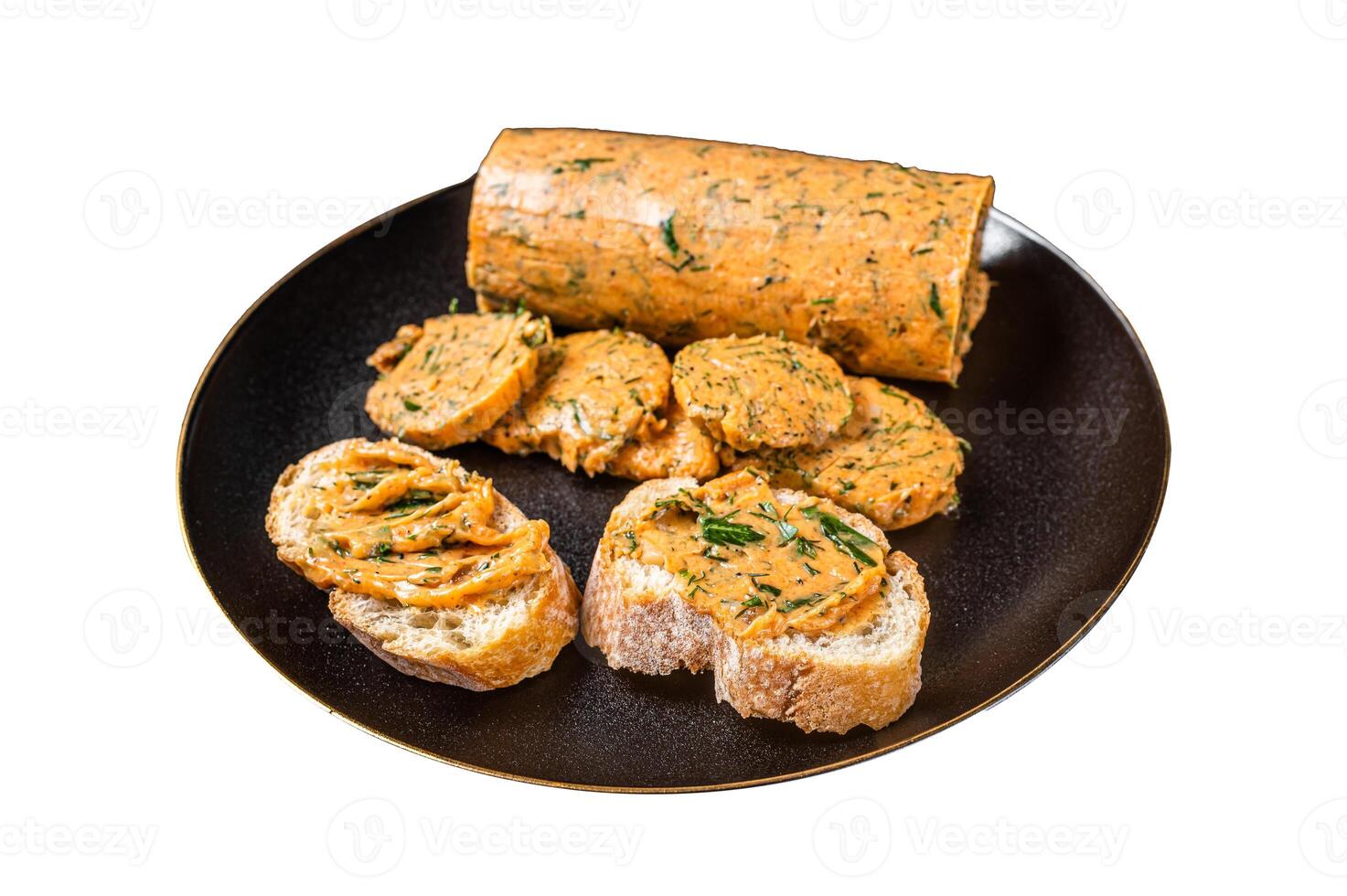 Butter with flavoring additives, sandwich butter with fresh herbs, sweet peppers, lemon, onion, garlic. Isolated on white background. Top view. photo