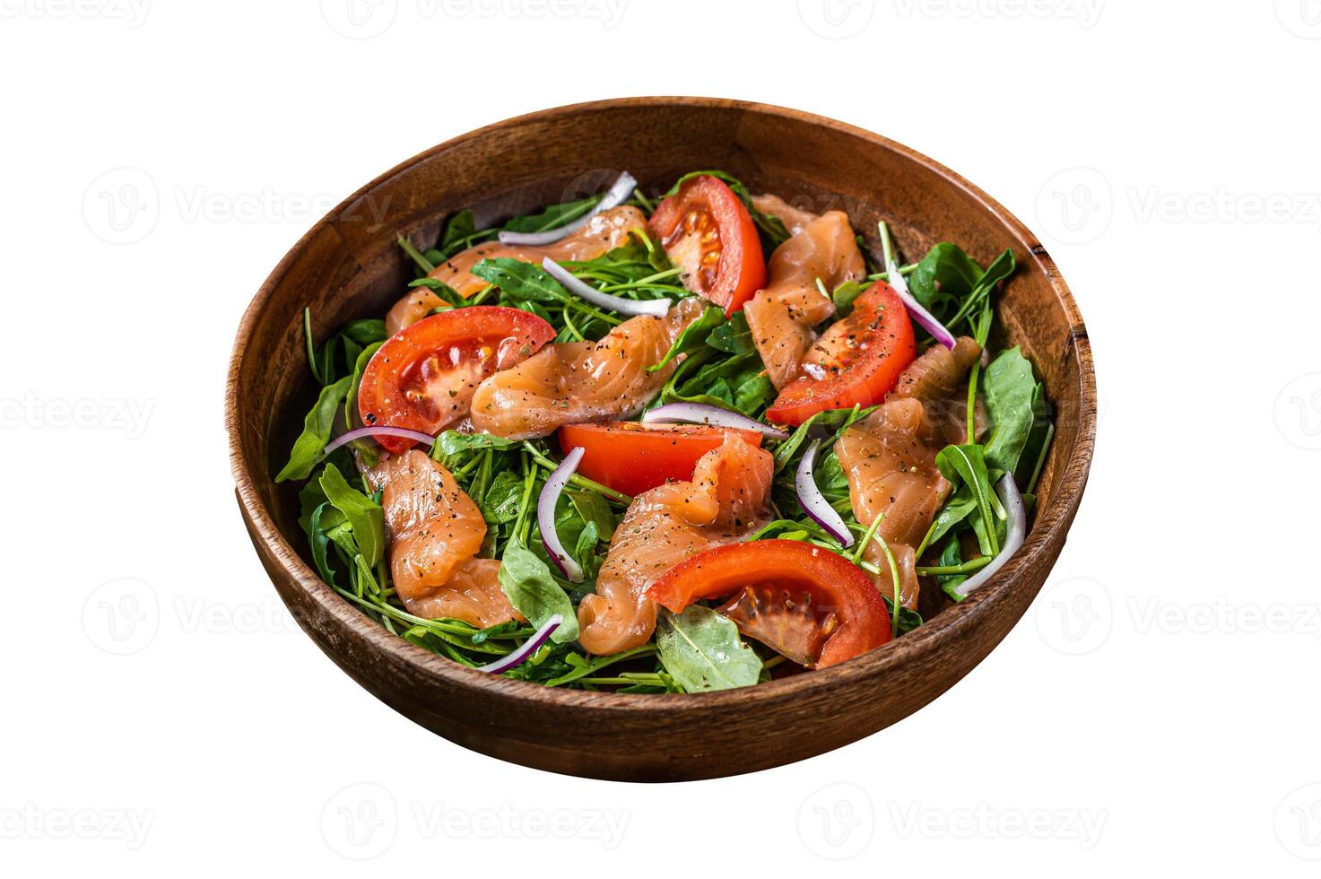 Vegetable salad with smoked salmon, arugula, tomato and green vegetables. Isolated on white background. Top view. photo