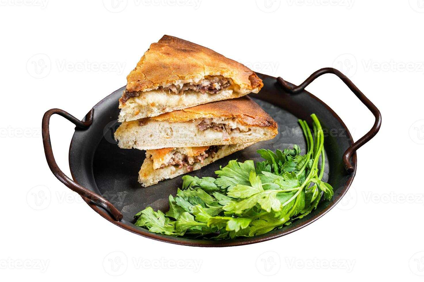 Slices of Ossetian pie with meat. Isolated on white background. photo