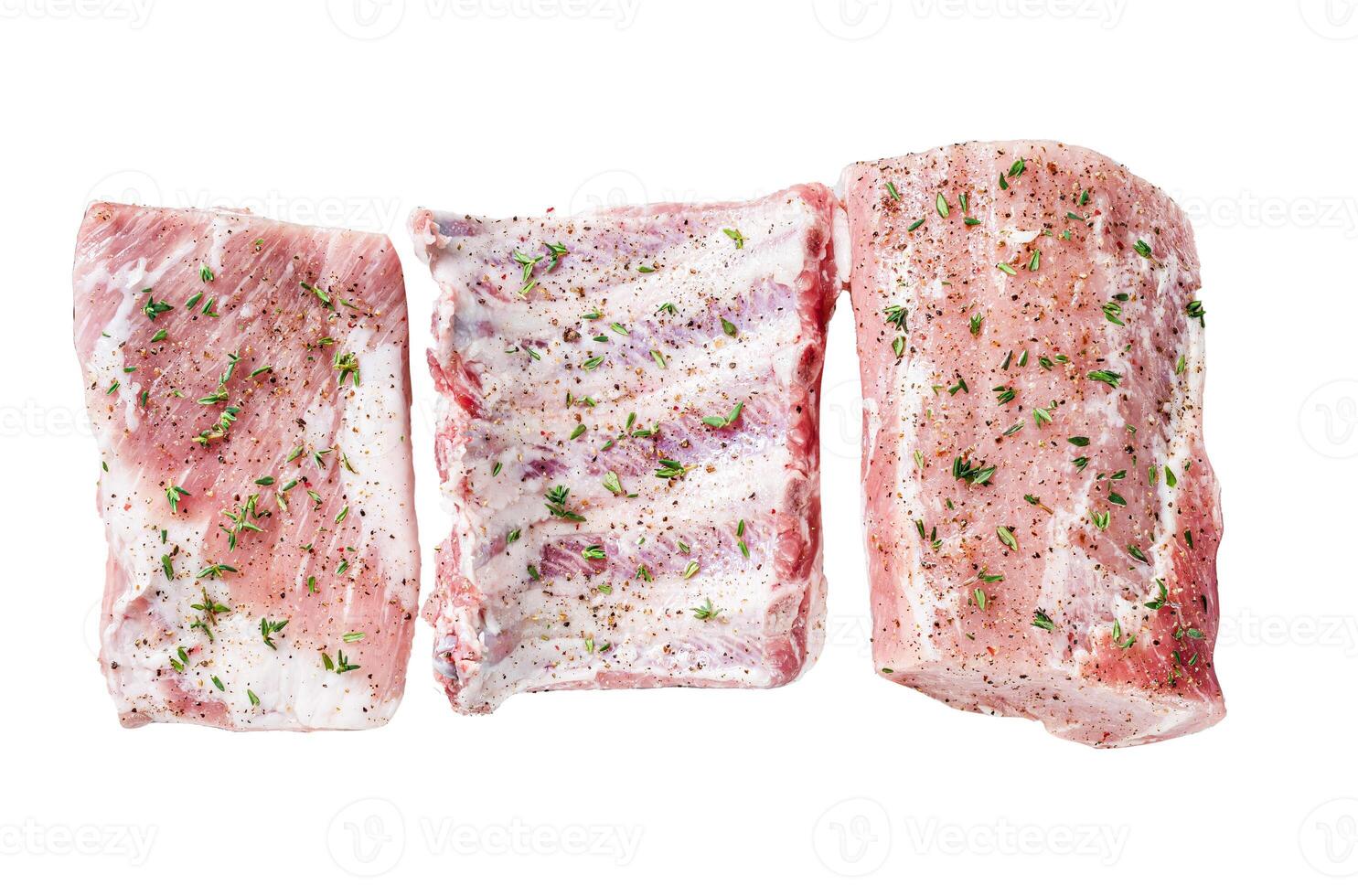 Set of Raw pork cuts, loin meat, spare ribs and brisket. Isolated on white background, top view. photo