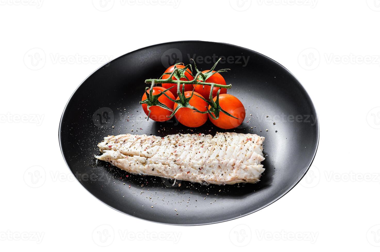 Steamed cod fillet with cherry tomatoes. Isolated on white background. Top view. photo