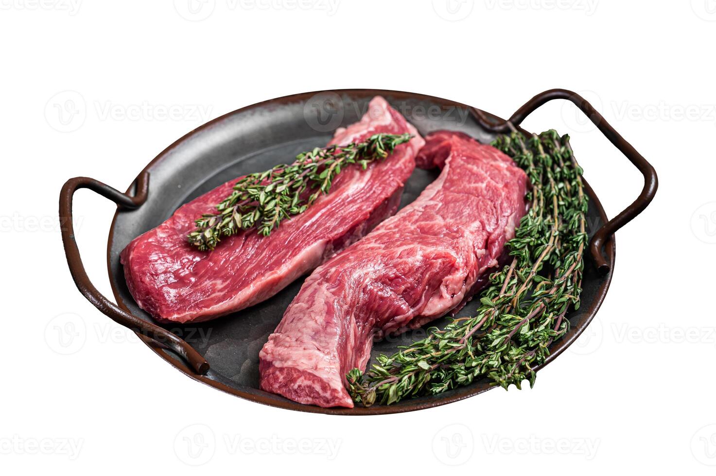Raw Bavette or Sirloin flap beef meat steak with thyme. Isolated on white background. photo