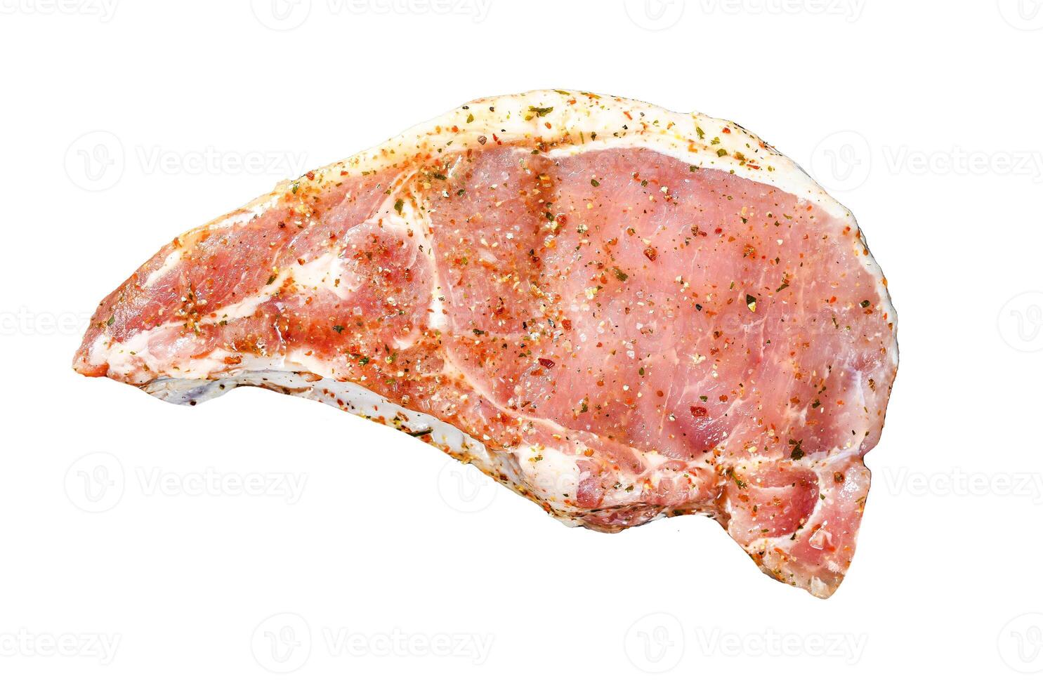 Raw meat with herbs and spices. Marinated pork steak. Ingredients for cooking. Isolated on white background. Top view photo