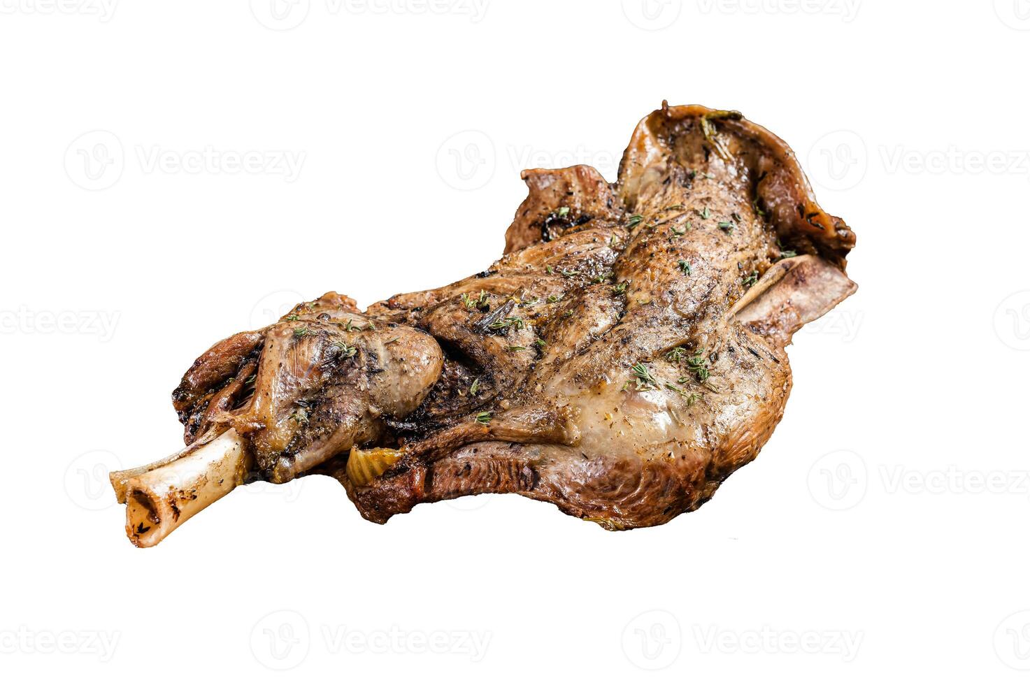 Barbecue Roasted lamb mutton shoulder meat with herbs and spices. Isolated, white background. photo
