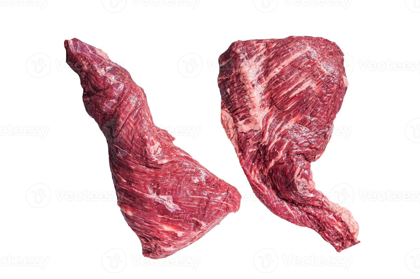 Raw tri tip beef steak on kitchen table. Isolated on white background photo