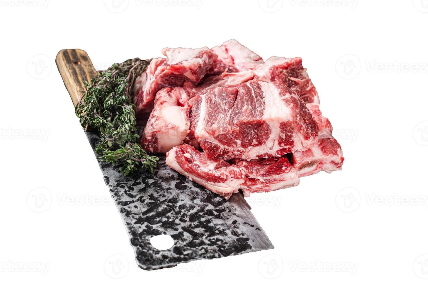Butcher board with Raw diced beef and lamb meat ready for cooking. Isolated, white background. photo
