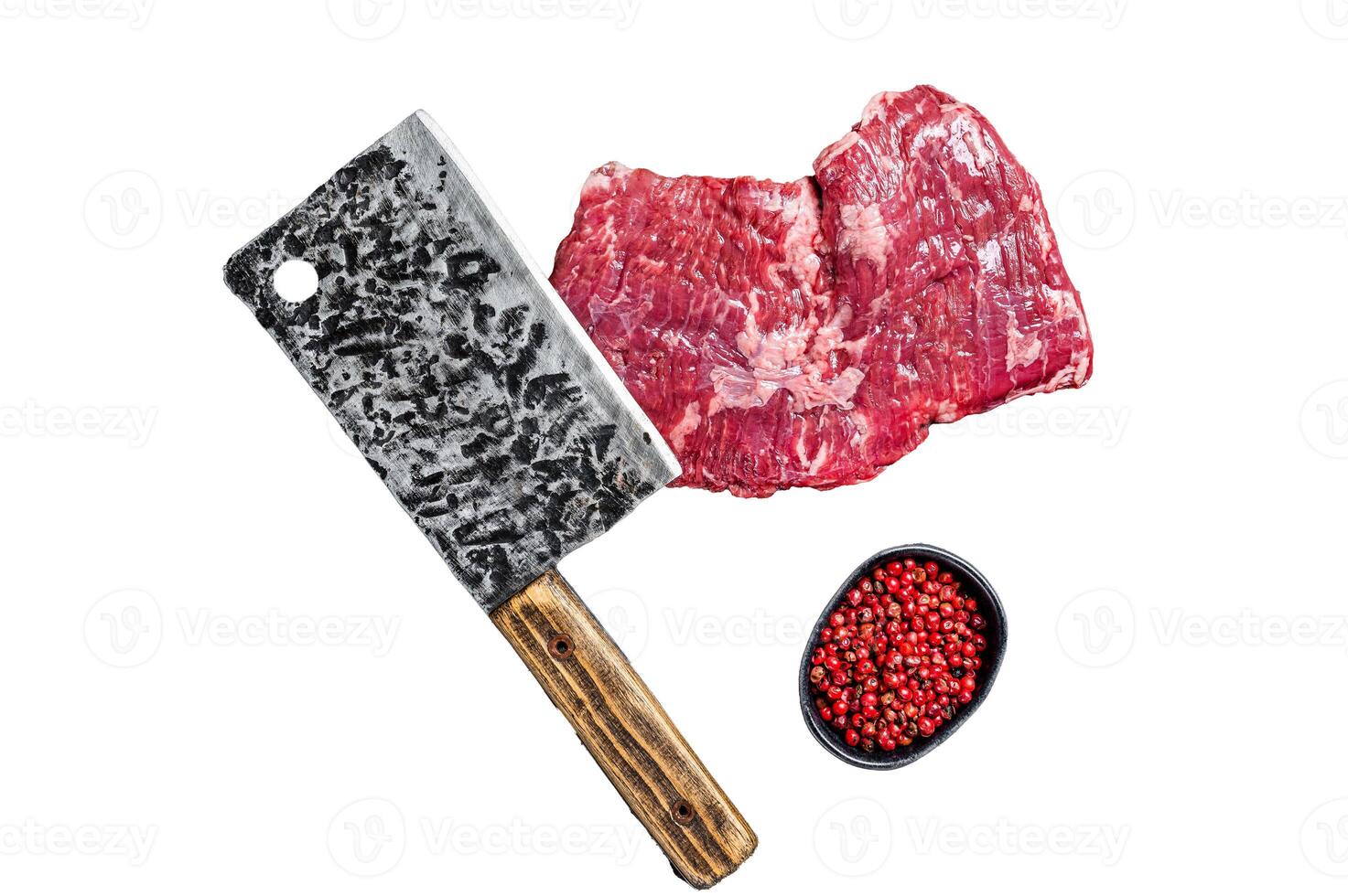 Raw skirt beef steak on meat cleaver. Isolated, white background. photo
