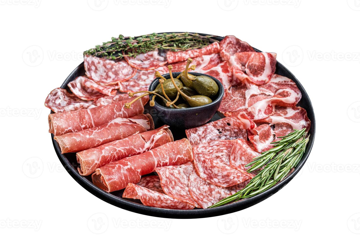 Italian Antipasto set platter, cured meat plate with Prosciutto crudo, Salami and Coppa Sausage. Isolated on white background. Top view. photo