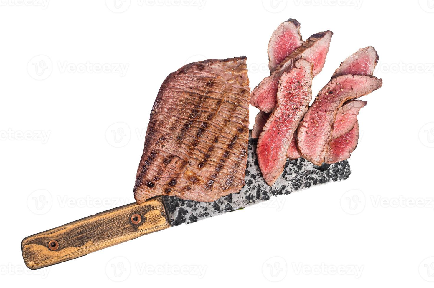 Roast sliced Flank or Flap Steak on a butcher cleaver with thyme and pink salt. Isolated, white background. photo