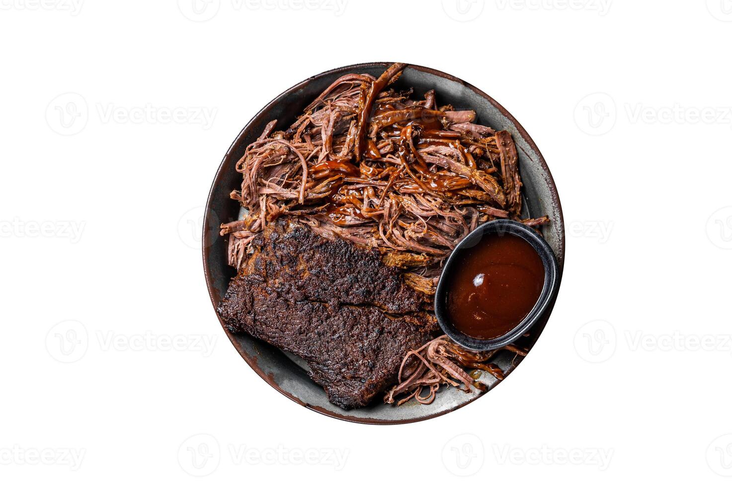 Slow Cooked Pulled Beef, Traditional meat rubbed with spices and smoked in a Texas smoker. Isolated on white background. photo